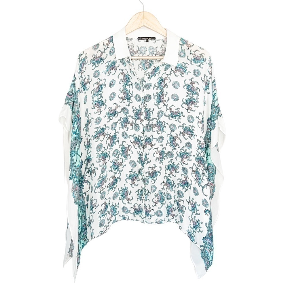 𝅺Kobi Halperin Paisley Collared Silk Poncho Blouse Ivory Multi - Picture 3 of 5